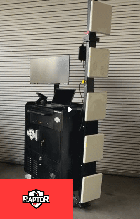 RaptorArray RFID inventory cart by Raptor RFID Systems scanning warehouse pallet racks for automated asset tracking. Mobile RFID cart with mounted monitor, antennas, and rugged design streamlining 100% accurate inventory management in military, government, and industrial warehouse environments.